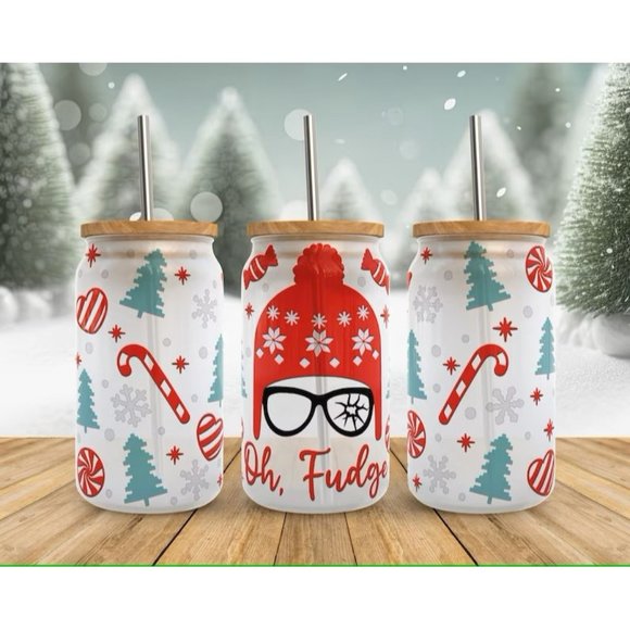 Oh Fudge Funny Christmas Movie Holiday 16oz Glass Can Tumbler Clear or Frosted - Picture 1 of 3